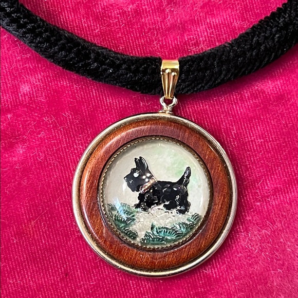 Estate Jewelry - Antique Essex Crystal Reverse Painted Scottie Dog Pendant on Black Velvet Choker